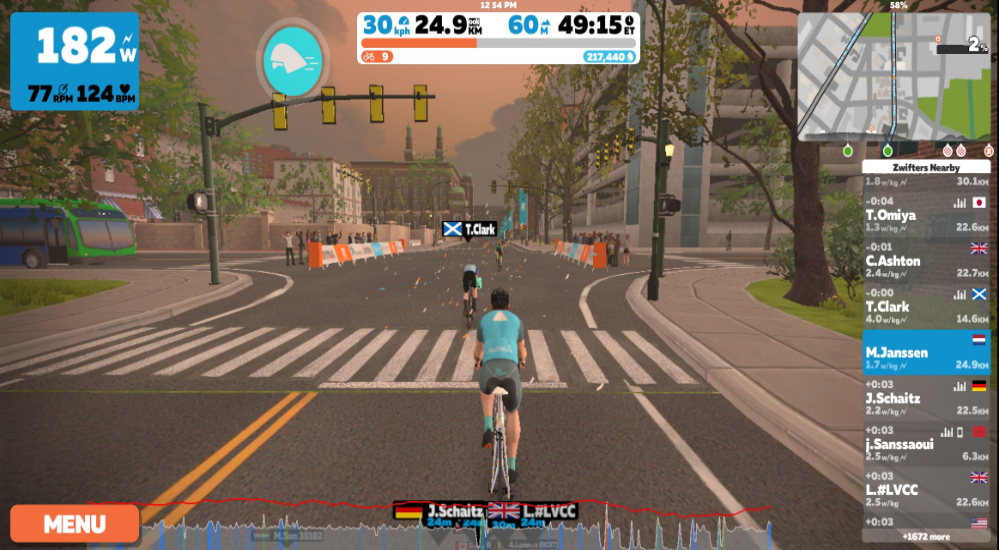 The screen of Zwift during a ride. A lot of information that can be used for many purposes.